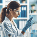 A female scientist in a lab wearing a white lab coat with safety glasses.